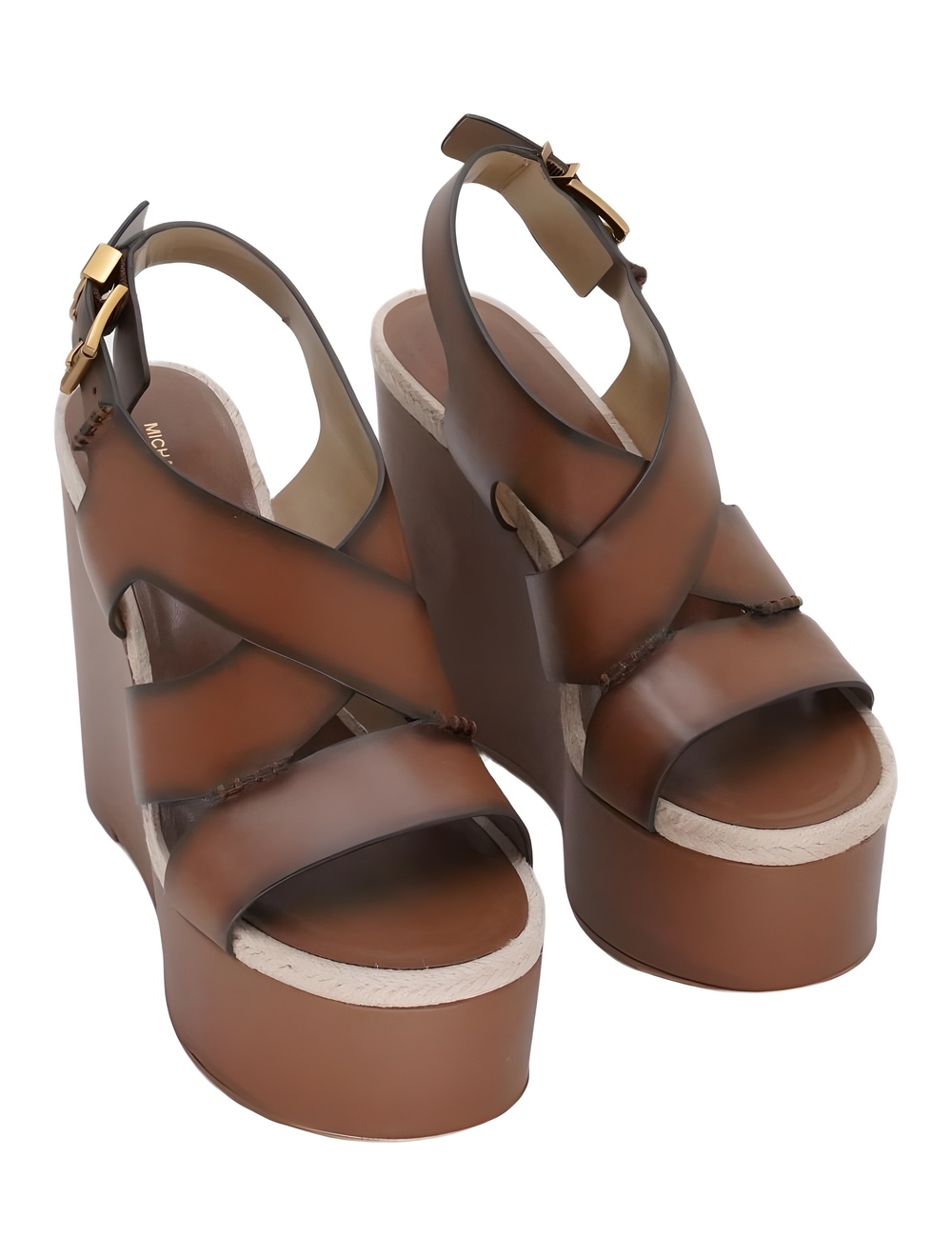 Michael Kors Raven Wedge Sandals Luggage Leather Platform 4" Heel Size 6.5M